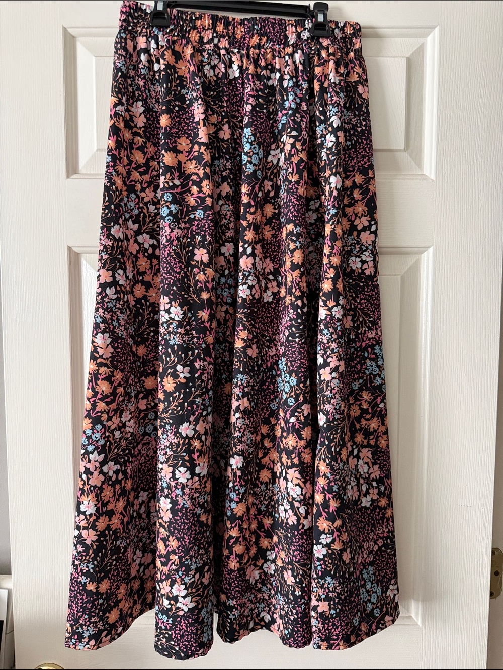 Floral Midi Skirt in Black with Peach & Blue Prints